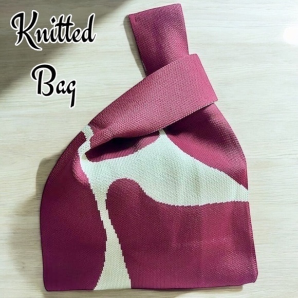 Handbags - Burgundy-White Abstract, Thick-Knitted Small Wristlet/Mini Tote Bag NWT